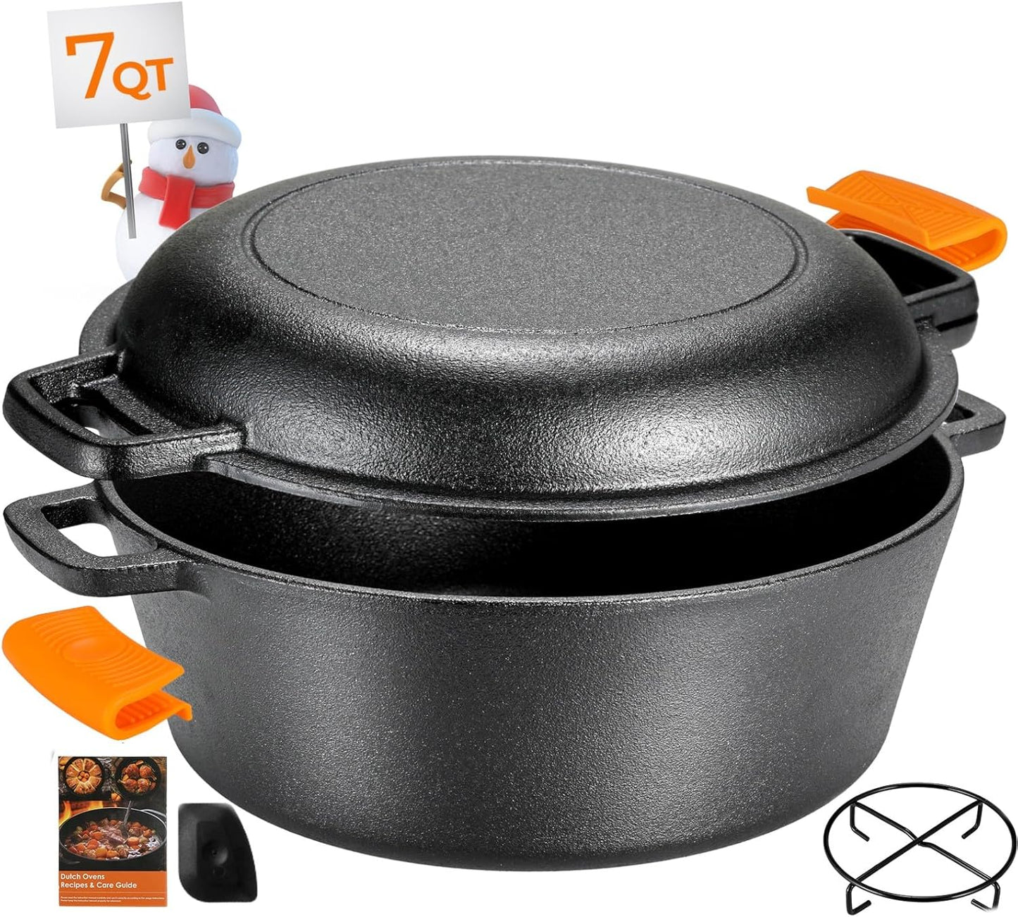 Cast Iron Dutch Oven Pot with Lid,Cast Iron Pot (5.1QT) and Cast Iron Lid as a Skillet(1.9QT) - Dutch Oven Cast Iron with Silicone Holders, Iron Stand, for Oven, Stove, Grill，Campfire