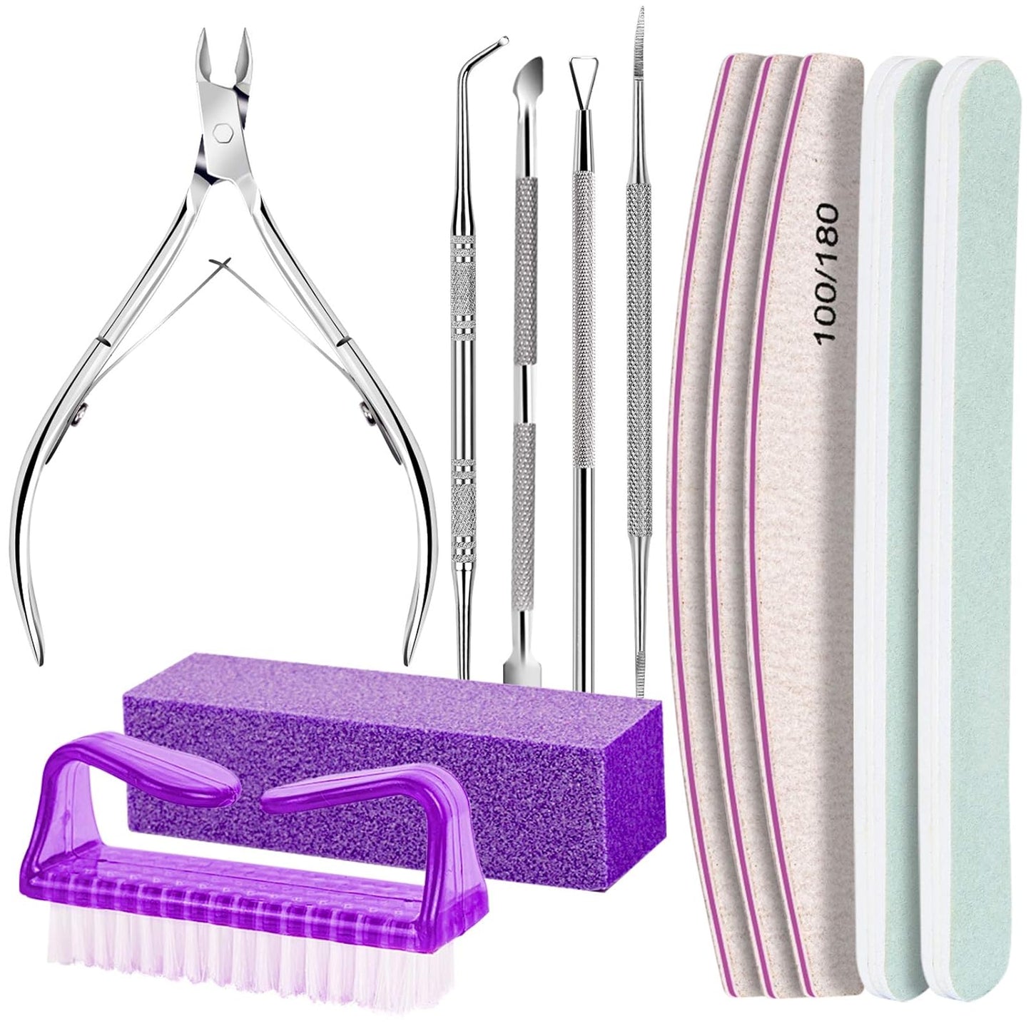 Manicure and Pedicure Tools Kit, Nail Files 100/180, Nail Buffer Block, Nail Cuticle Nippers, Cuticle Pusher, Cuticle Peeler, Nail Lifter for Ingrown Toenails, Toenail File