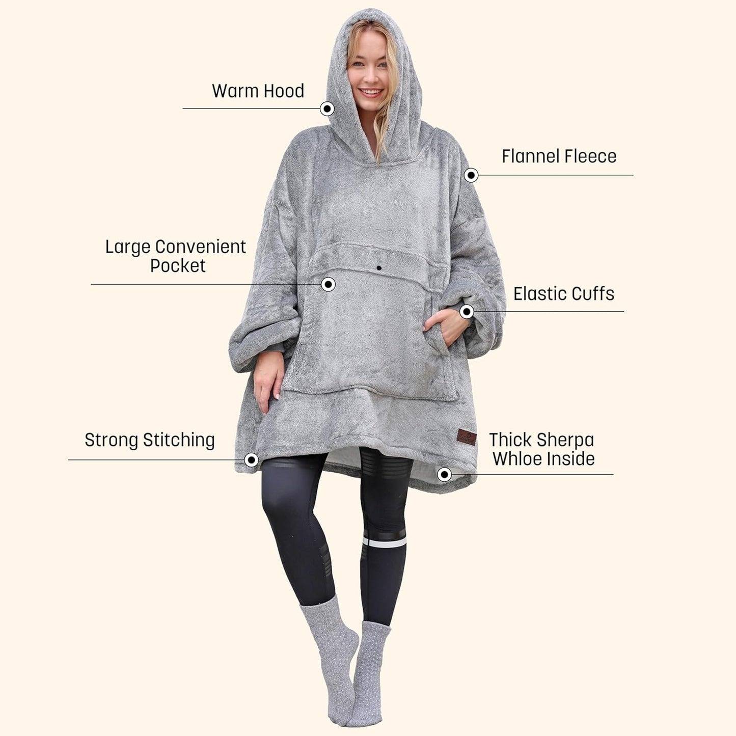 Oversized Blanket Hoodie Sweatshirt, Wearable Sherpa Lounging Pullover for Adults Women Men