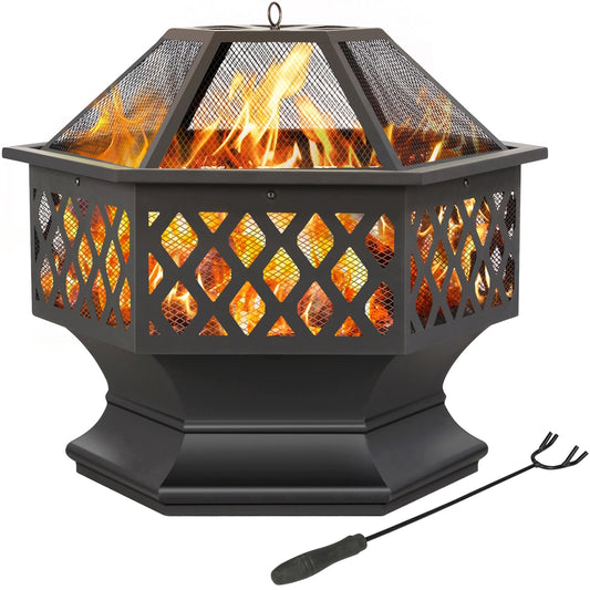 24in Hex Shaped Fire Pit Bowl with Spark Screen & Poker