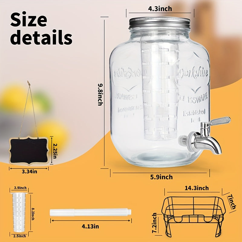 1 Gallon Glass Drink Dispensers For Parties Beverage Dispenser, Glass Drink Dispenser With Stand And Stainless Steel Spigot Leakproof.Lemonade Dispenser With Ice Cylinder.