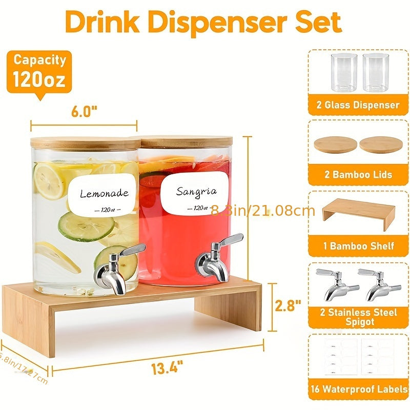 Water Drink Dispenser With Stainless Steel Spigot, 16 Waterproof Labels, Bamboo Lid And Stand - 2pcs 120oz Borosilicate Glass Beverage Dispenser For Parties, Juice, Cold And Hot Drinks