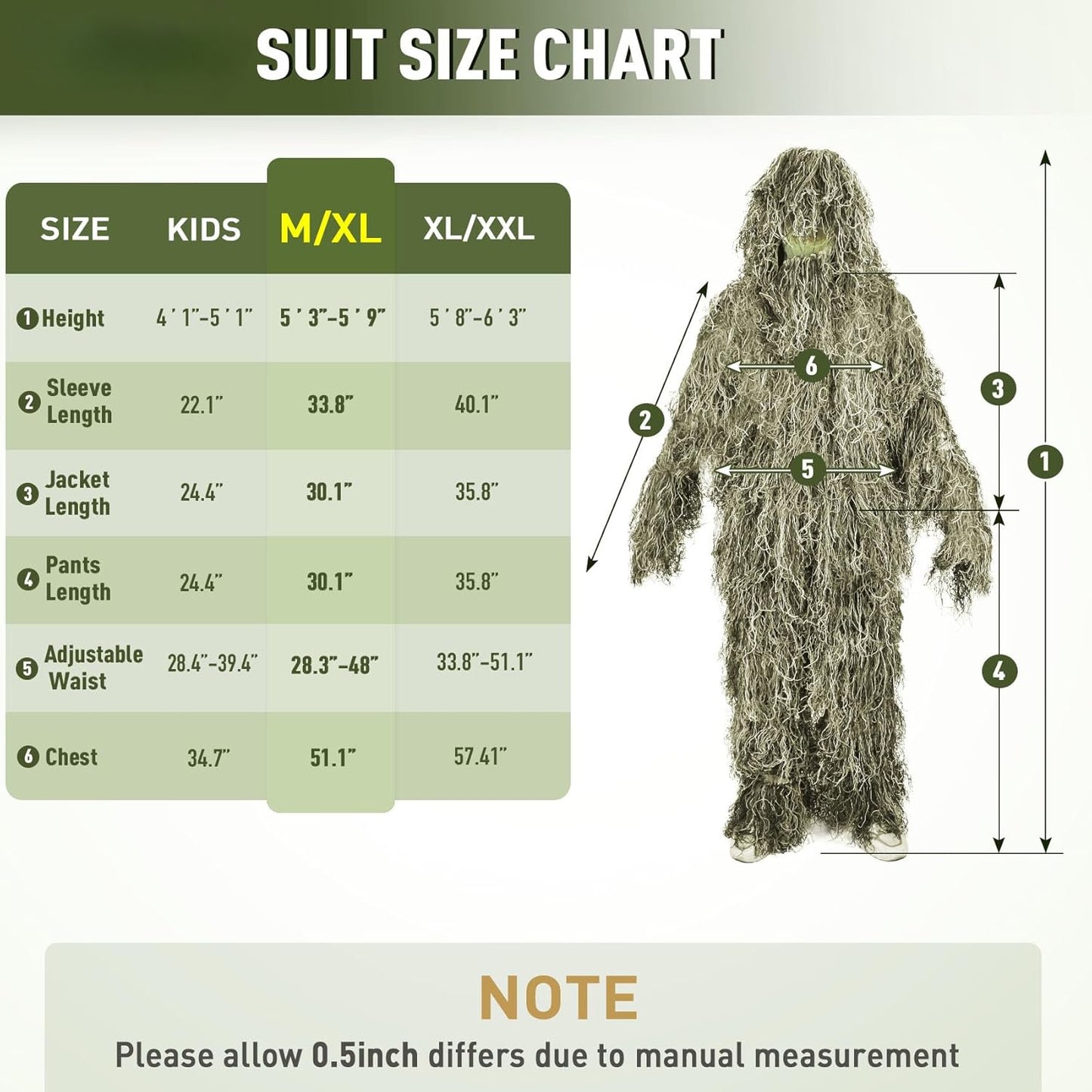 6 in 1 Ghillie Suit, 3D Camouflage Hunting Apparel Including Jacket, Pants, Hood, Carry Bag and Camo Tapes