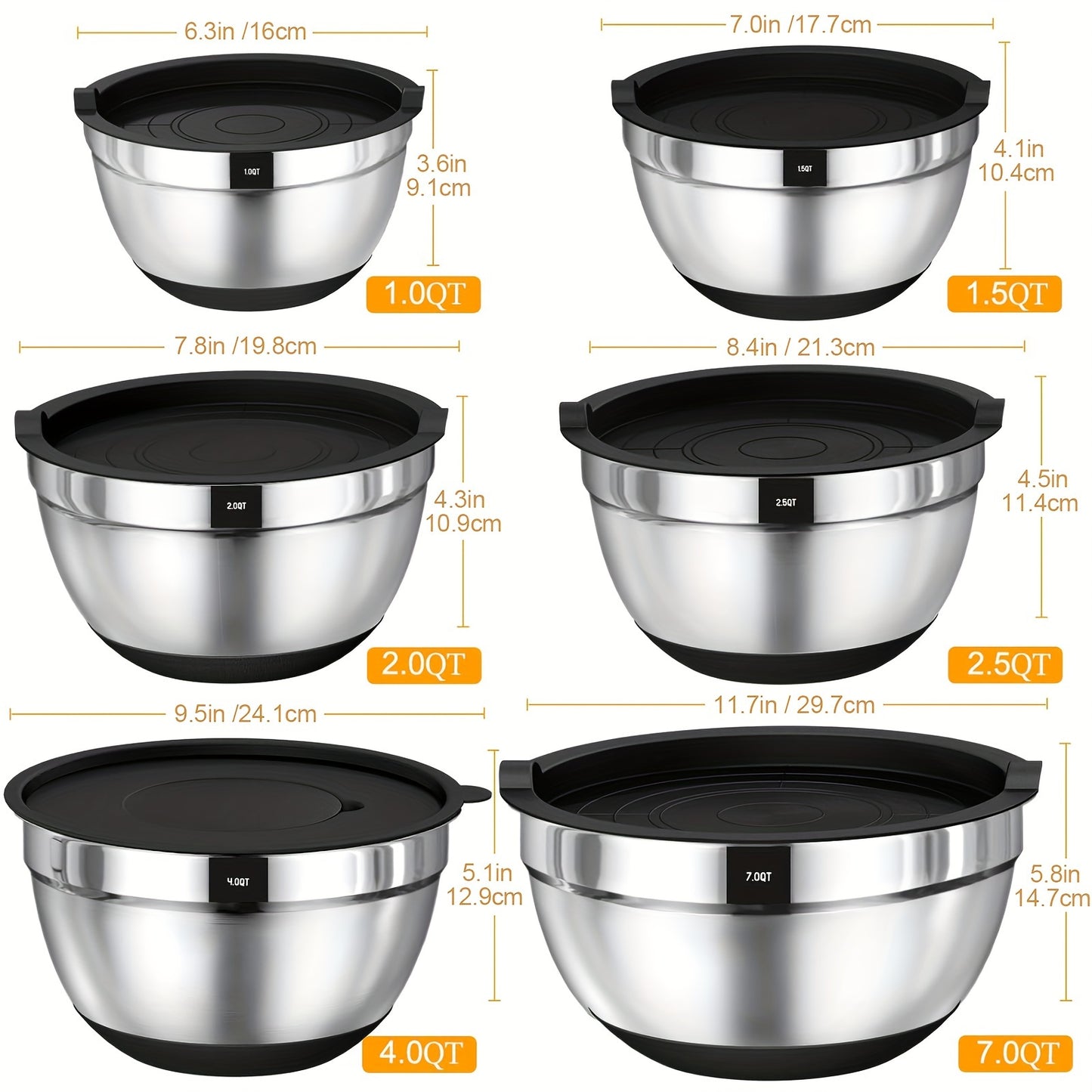 Mixing Bowls With Airtight Lids, 26Pcs Stainless Steel Bowls Set, 3 Grater Attachments & Black Non-Slip Bottoms Size 7, 4, 2.5, 2.0, 1.5, 1QT, Great For Mixing & Serving Salad Food