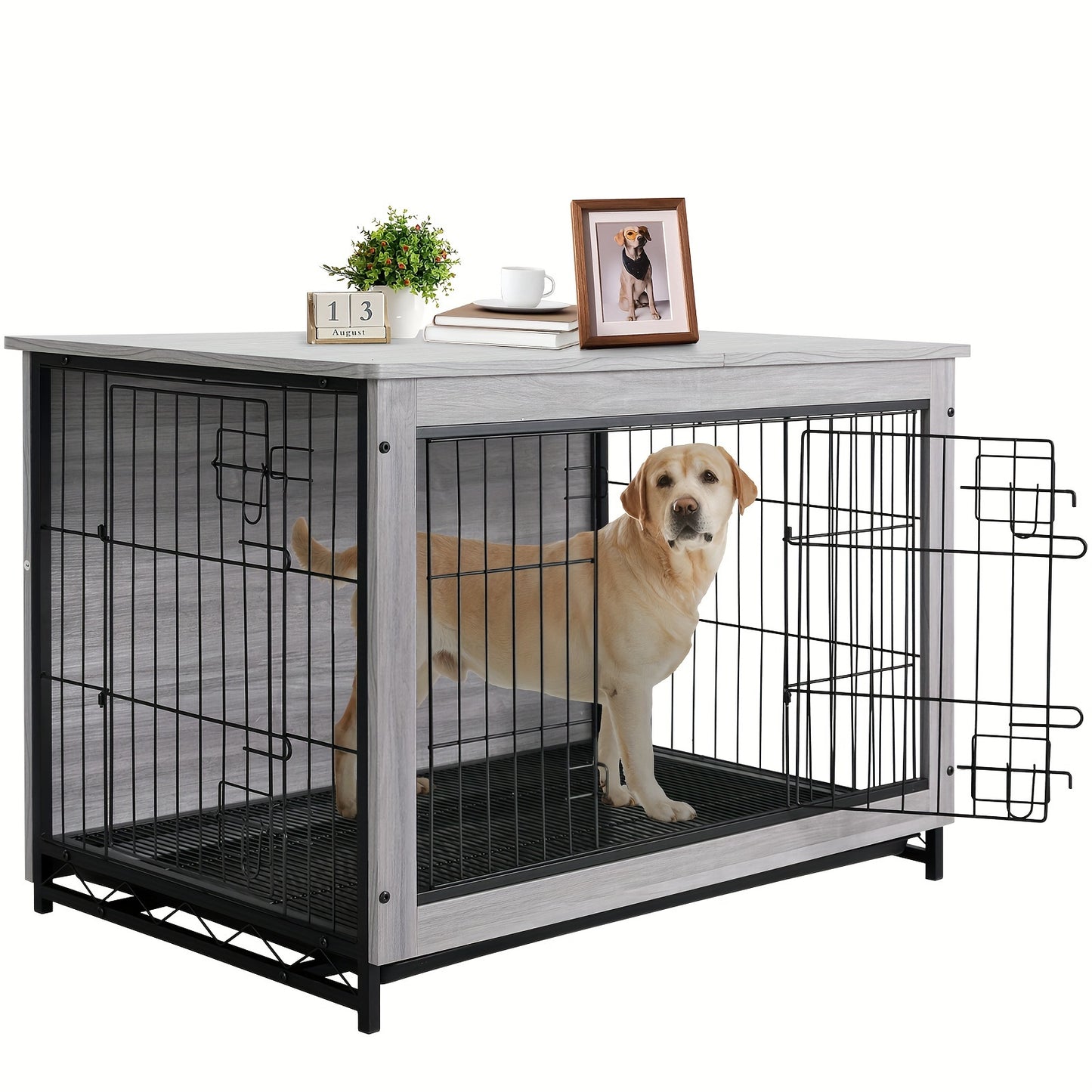 Dog Crate Furniture, 38.6" Wooden Side End Table, Modern Dog Kennel with Double Doors, Heavy-Duty Dog Cage with Pull-Out Removable Tray, Indoor Medium/Large/Small Pet House Furniture