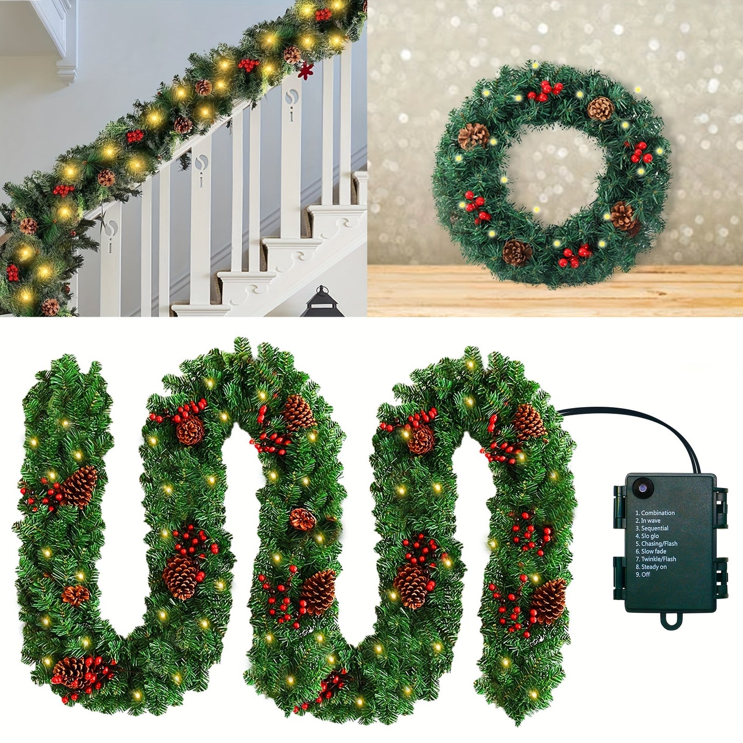 9 Ft Prelit Artificial Christmas Garland - Garlands with 100 LED Lights, 27 Pine Cones, 27 Red Berries, Battery Powered, and Realistic Foliage for Home & Office Decorations (Battery Not Included)