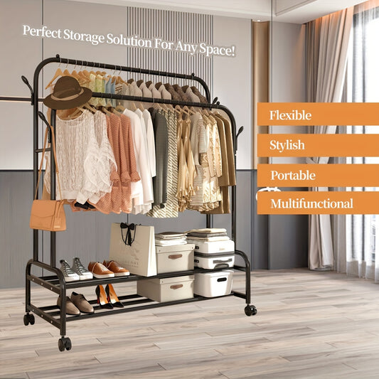 Sturdy Metal Double Rodding Clothes Rack With Wheels, Portable Clothing Rack With Shelves & Hooks, Heavy Duty Garment Racks For Hanging Clothes, Multi-Functional Closet Rack For Bedroom, Black