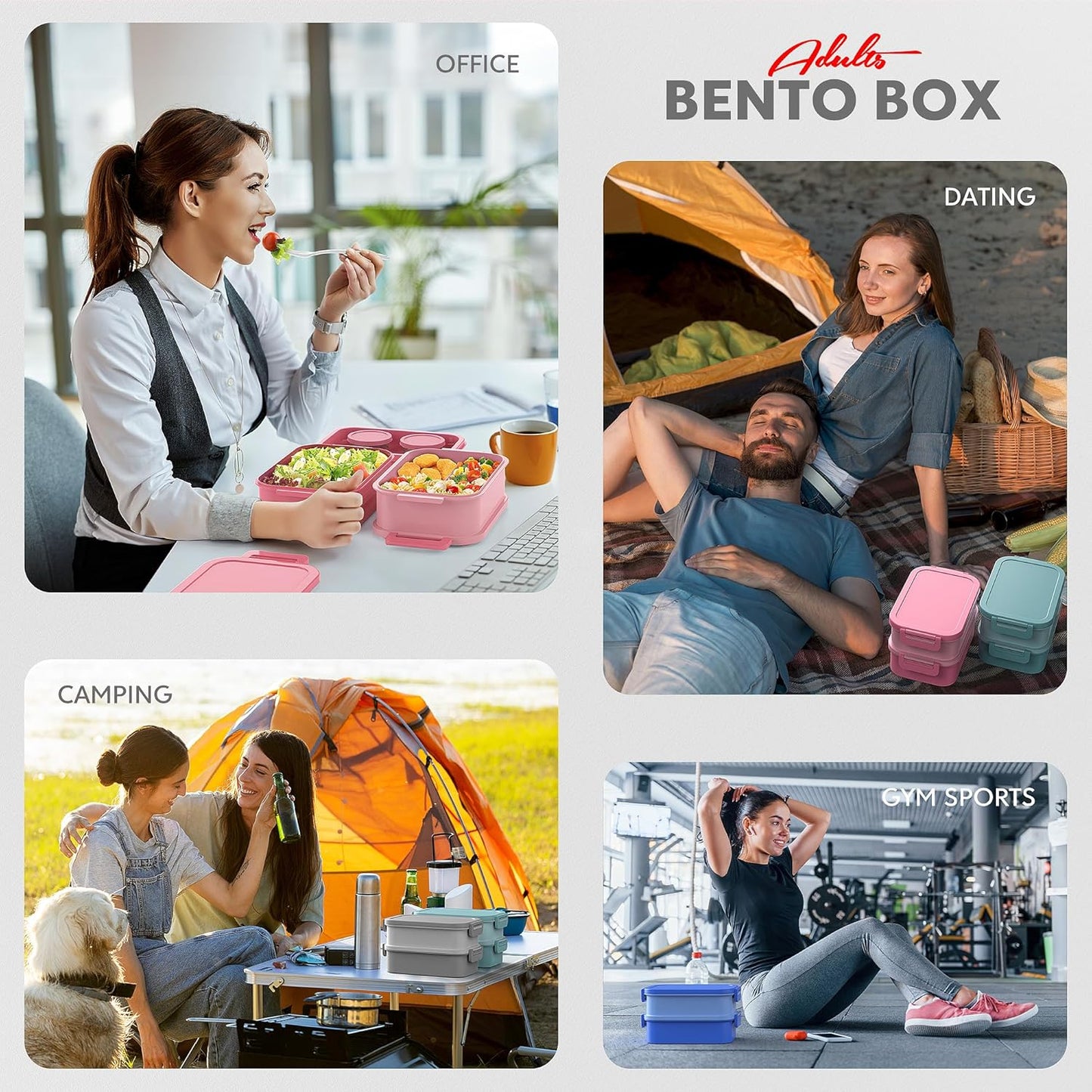 Adult Bento Box Lunch Box - 3 Layers Stackable Bento Lunch Box for Adults, 72oz Large-Style All-in-One Bento Boxes Leak-Proof Lunchbox with Utensil Sauce Containers for Dining Out,Work, Grey