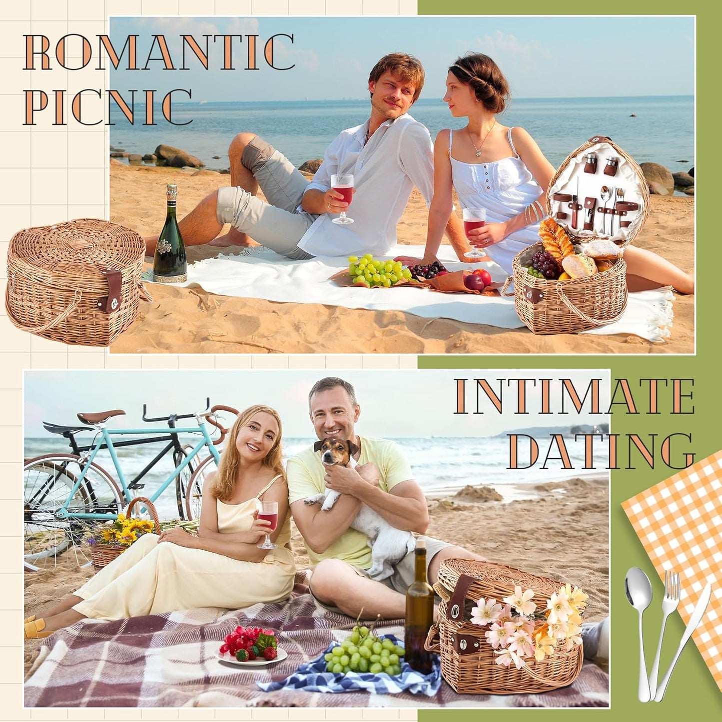 Picnic Basket Set 2 Person Tableware Set Heart Wicker Picnic Basket Antique White for Camping Outdoor Party Couple Birthday Wedding Valentine Gift