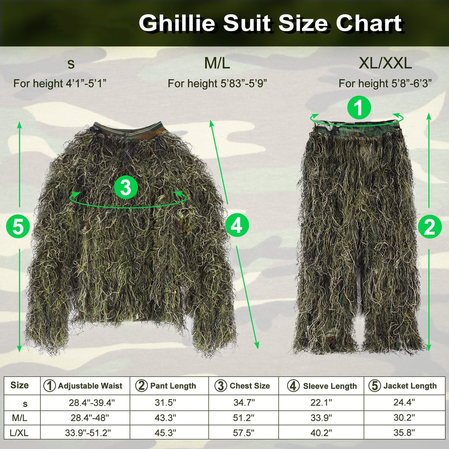 6 in 1 Ghillie Suit,Jungle greendesert yellow 3D Camouflage Hunting Apparel Including Jacket, Pants, Hood, Carry Bag and Camo Tapes Bushman Costume Suitable for Men, Hunters