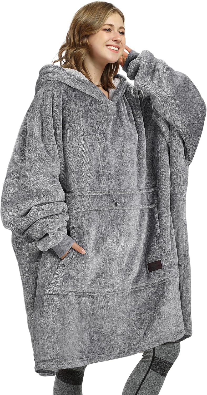 Oversized Blanket Hoodie Sweatshirt, Wearable Sherpa Lounging Pullover for Adults Women Men