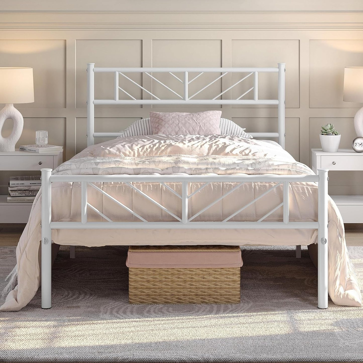 Platform Bed Frame with Arrow Design Headboard, and Storage Space No Box Spring Needed