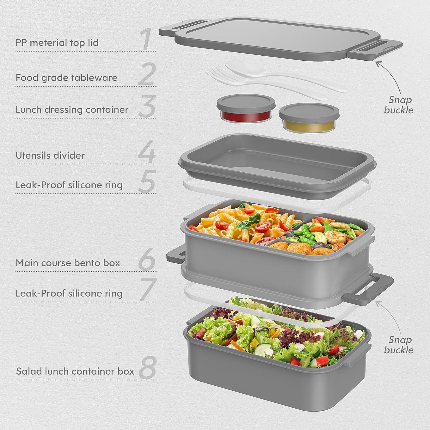 Adult Bento Box Lunch Box - 3 Layers Stackable Bento Lunch Box for Adults, 72oz Large-Style All-in-One Bento Boxes Leak-Proof Lunchbox with Utensil Sauce Containers for Dining Out,Work, Grey