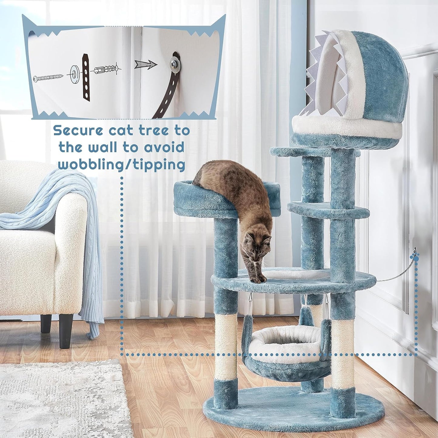 45.5in Ocean-Themed Cat Tree Multi-Level Cat Tower, Plush Cat Furniture with Shark's Mouth-Shaped Nest, Sea Star-Shaped Perch, Jellyfish-Style Hammock for Indoor Cat Kitty