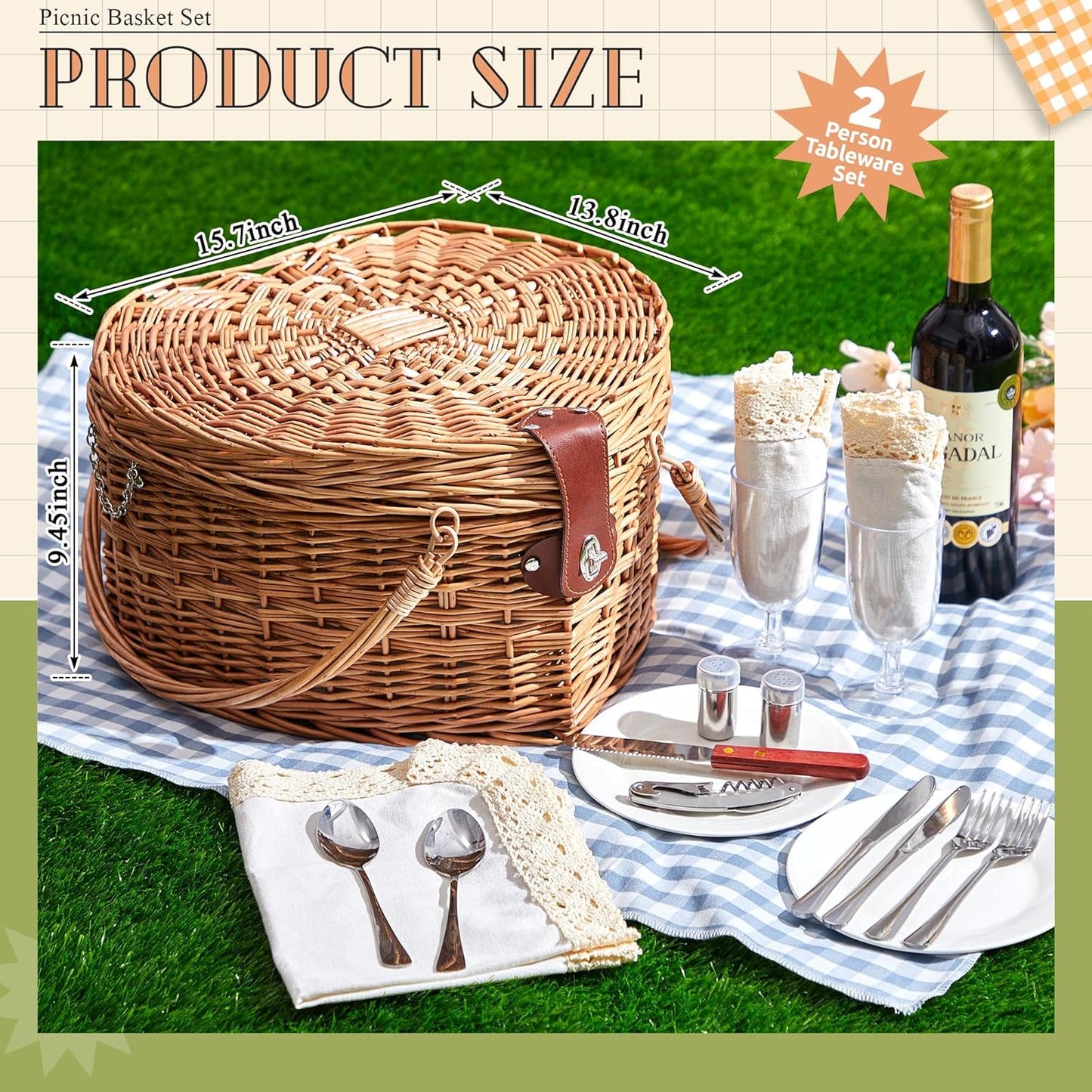 Picnic Basket Set 2 Person Tableware Set Heart Wicker Picnic Basket Antique White for Camping Outdoor Party Couple Birthday Wedding Valentine Gift