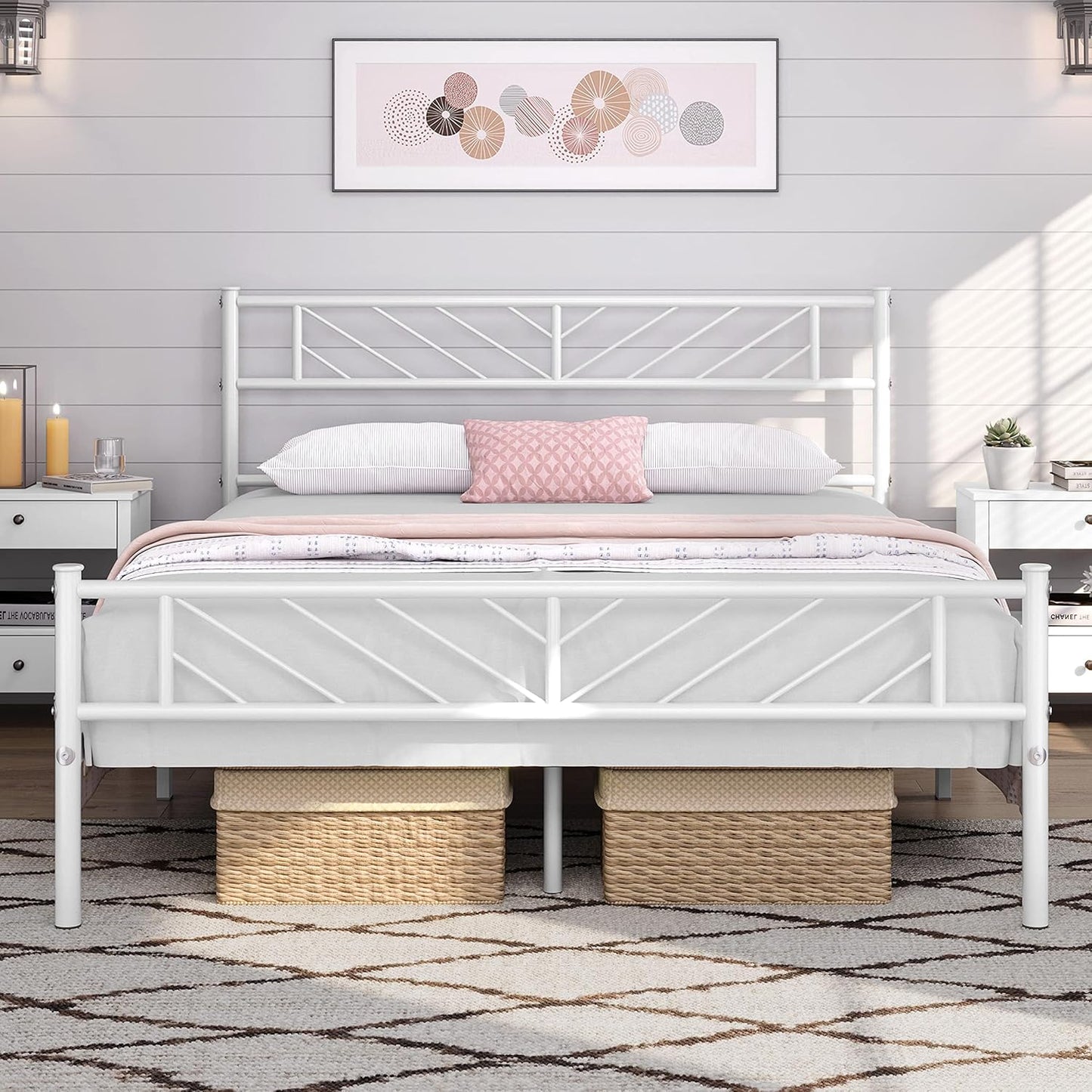 Platform Bed Frame with Arrow Design Headboard, and Storage Space No Box Spring Needed