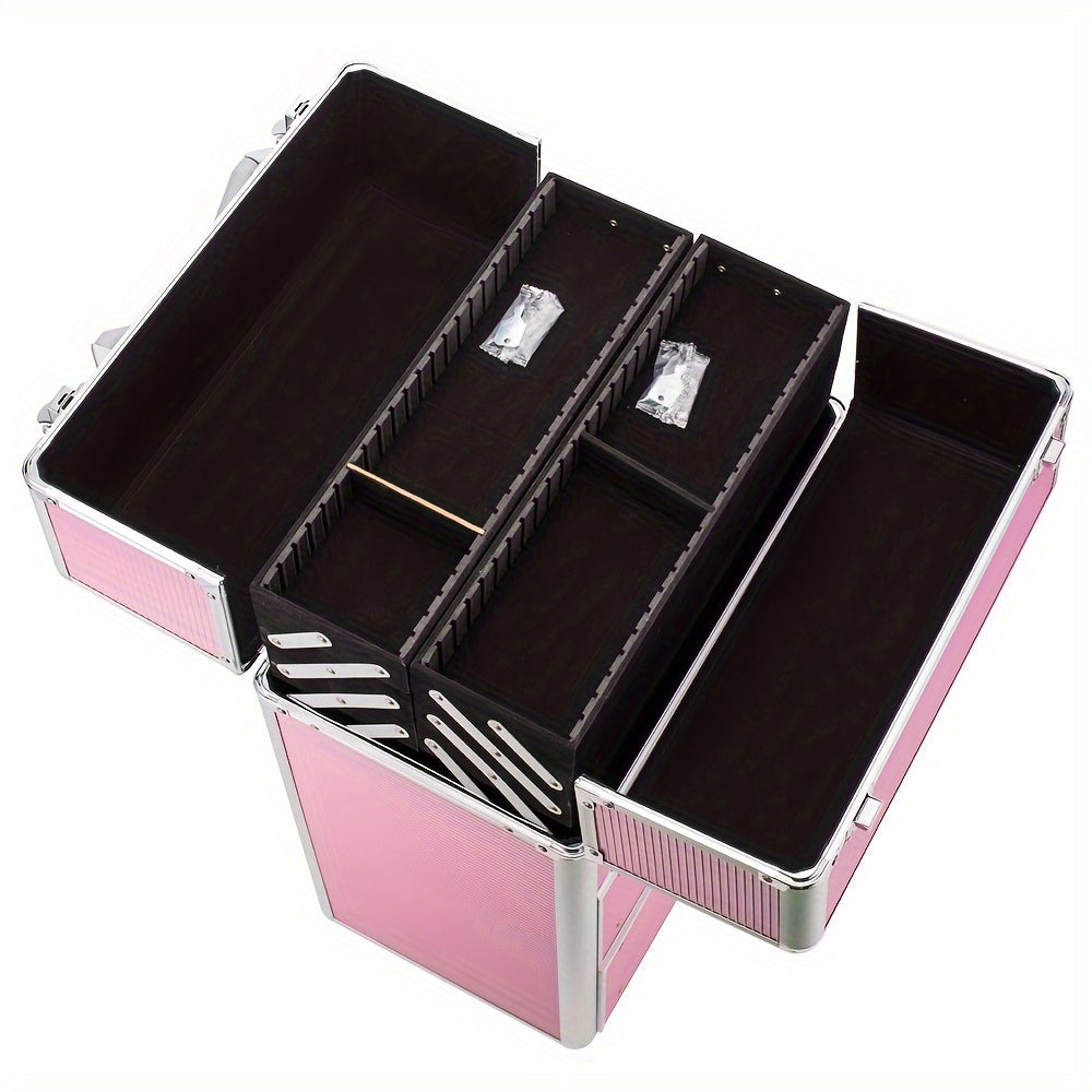 Stylish Pink Lockable Cosmetic Makeup Case with 4 Tiers & Extendable Trays - Spacious, Secure, and Chic