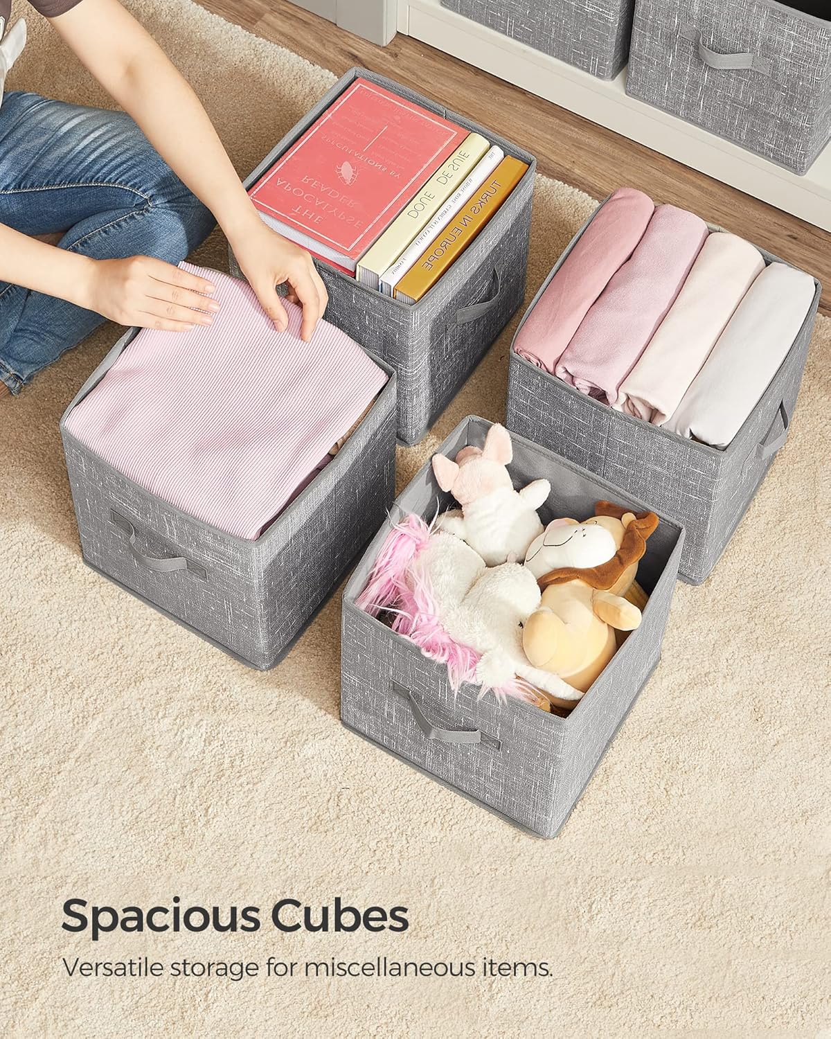 Storage Cubes, Non-Woven Fabric Bins with Double Handles, Set of 6, Closet Organizers for Shelves, Foldable, for Clothes