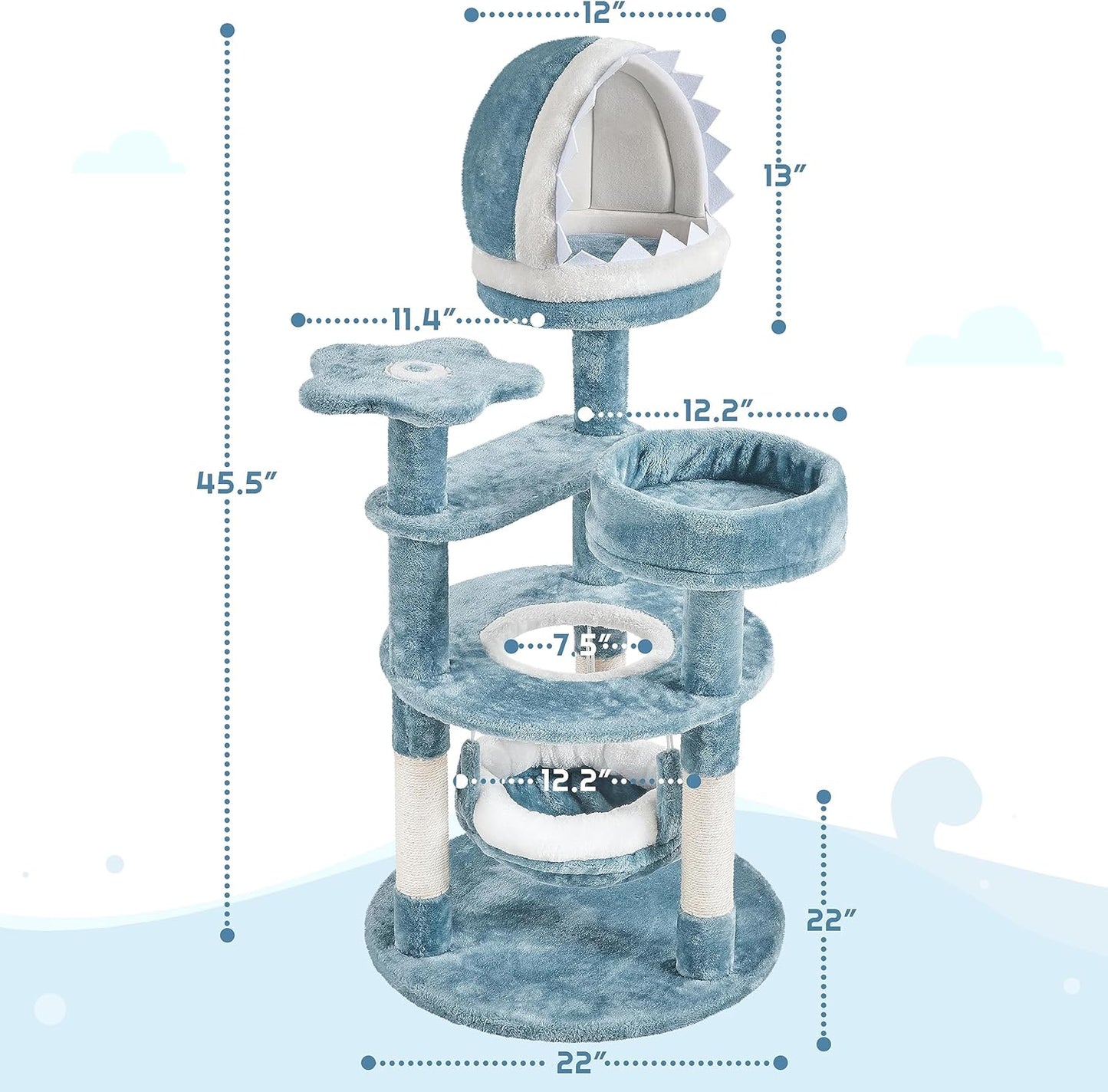 45.5in Ocean-Themed Cat Tree Multi-Level Cat Tower, Plush Cat Furniture with Shark's Mouth-Shaped Nest, Sea Star-Shaped Perch, Jellyfish-Style Hammock for Indoor Cat Kitty