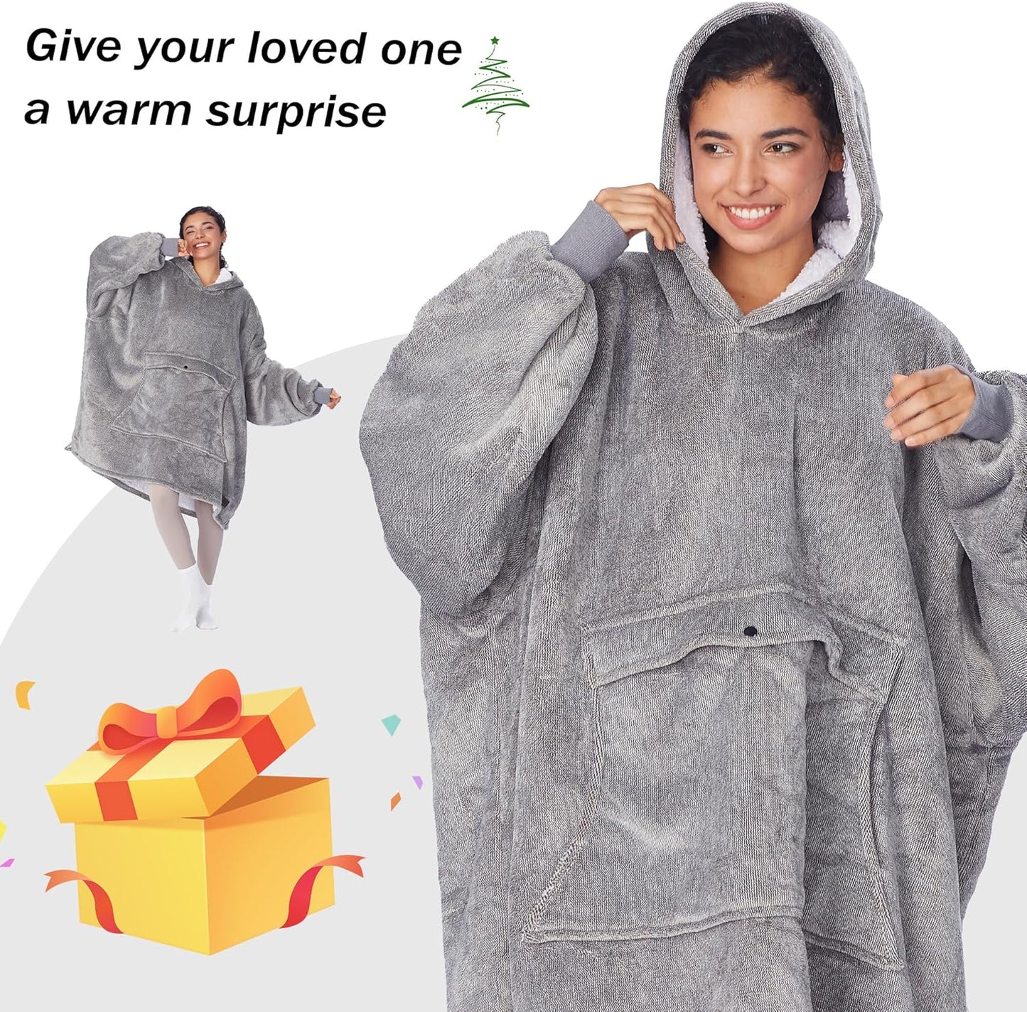 Oversized Blanket Hoodie Sweatshirt, Wearable Sherpa Lounging Pullover for Adults Women Men