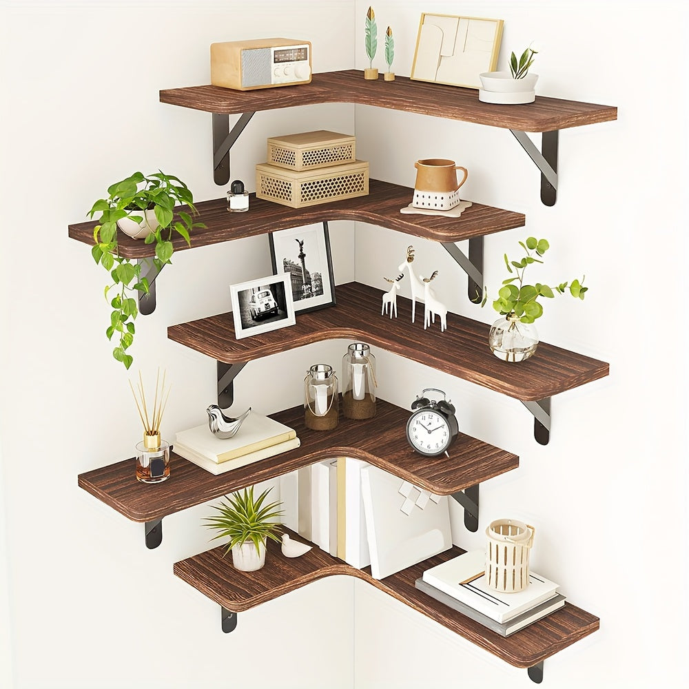 5pcs, Corner Floating Shelves, Rustic Wooden Wall Shelves For Bathroom, Kitchen, Bedroom Or Living Room, Convenient To Take, Sturdy And Reliable