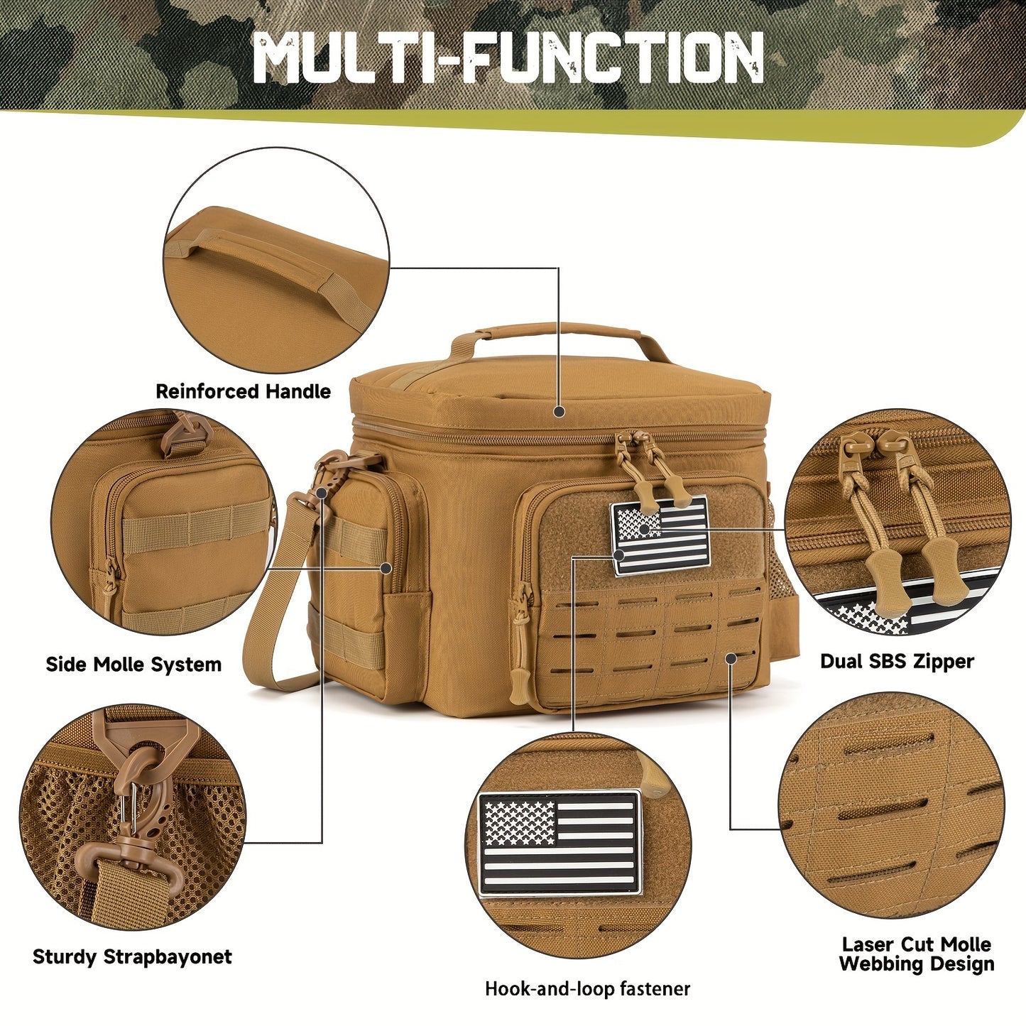 Lunch Bag For Men, Heavy Duty Lunch Box Work Leakproof Insulated Durable Thermal Cooler Bag For Adult, For Office Camping Picnic MOLLE Webbing