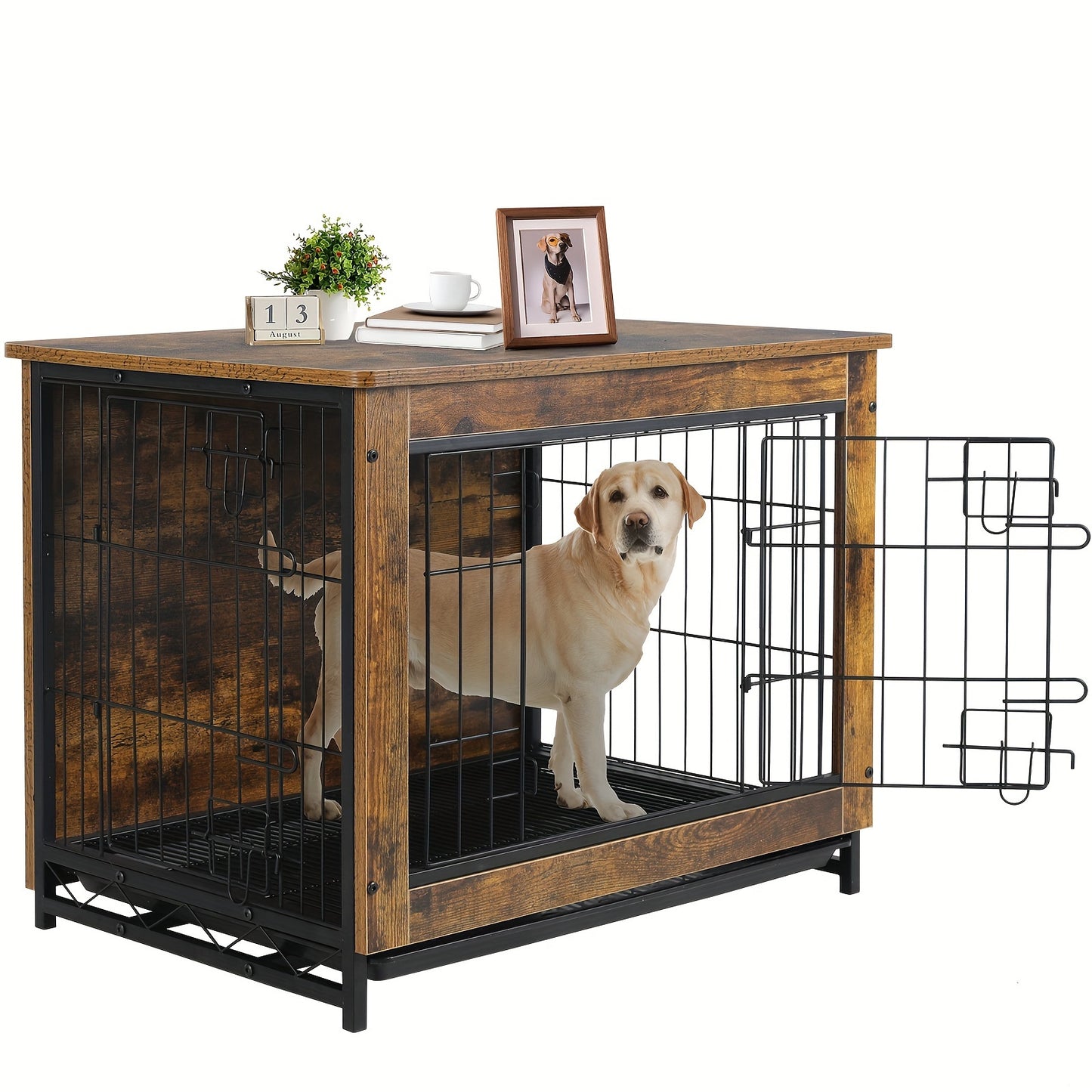 Dog Crate Furniture, 38.6" Wooden Side End Table, Modern Dog Kennel with Double Doors, Heavy-Duty Dog Cage with Pull-Out Removable Tray, Indoor Medium/Large/Small Pet House Furniture