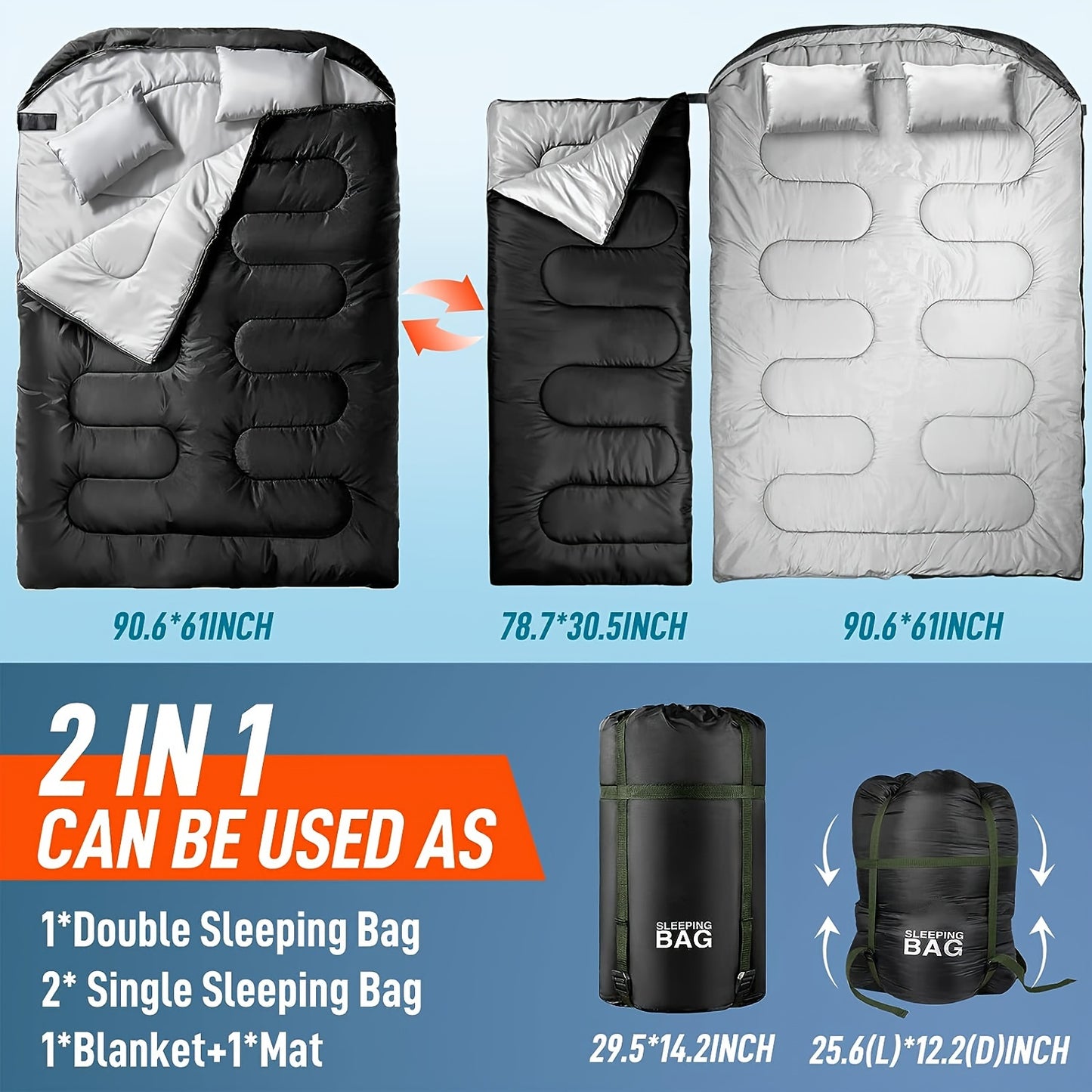 Portable Double Sleeping Bag Camping Backpacking Big Tall Adults&Kids Lightweight Waterproof Outdoor Hiking Warm Travel Zippered XL Thickened Sleeping Bags With Compression Sack For 4 Seasons