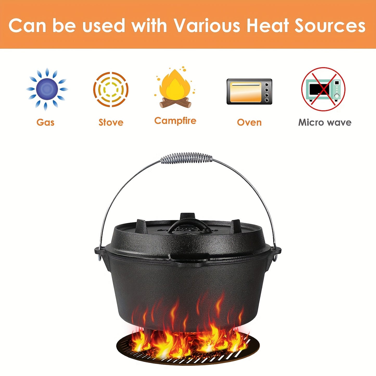 13.2/9.7/7.8/5 Quart Pre-Seasoned Cast Iron Dutch Oven with Lid Lifter Handle, Stand, and Griddle for Camping, BBQ, Baking