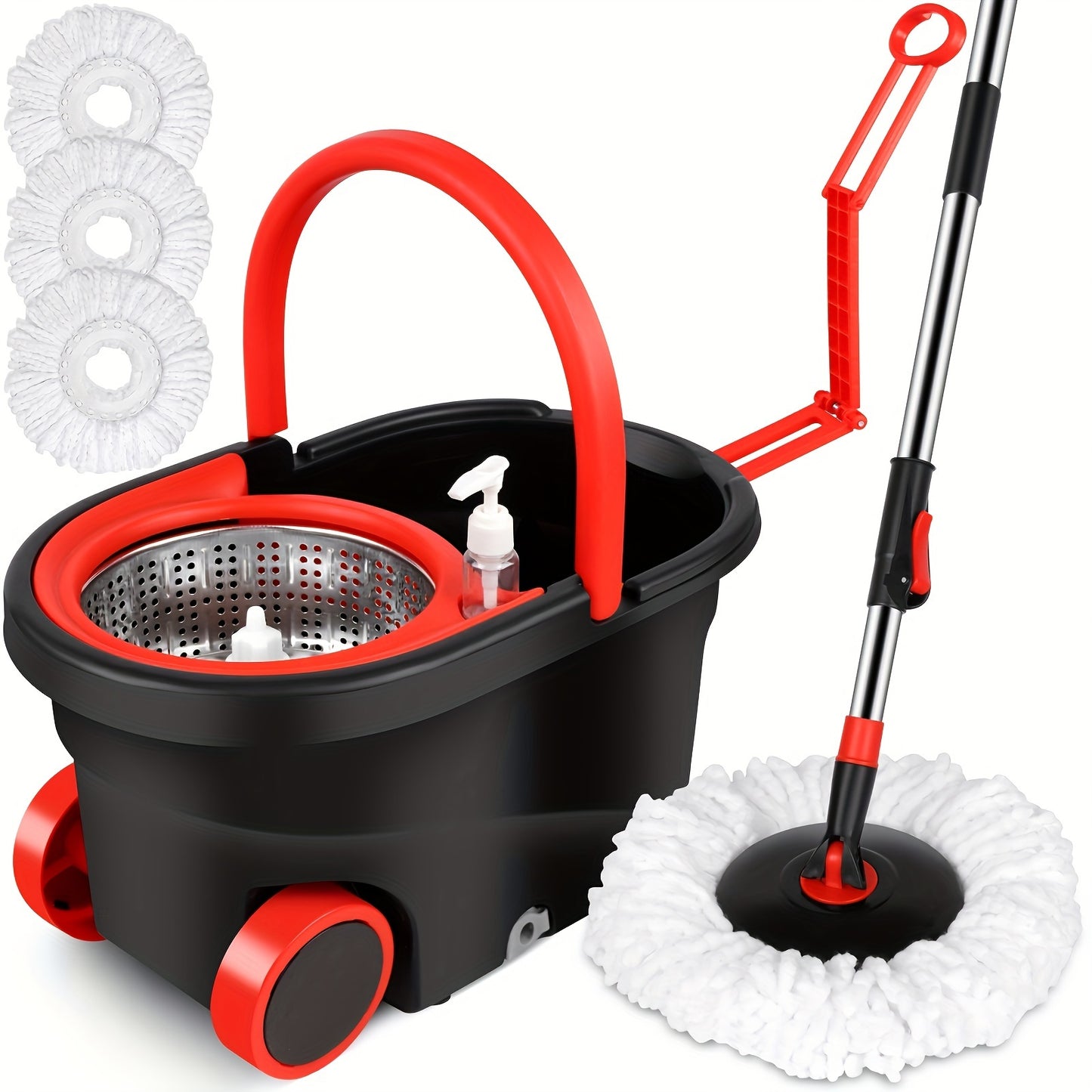 Spin Mop And Bucket With Wringer Set, Bathroom Mop Bucket, School Bathroom, 360° Spinning Mop Bucket System With 3 Microfiber Mop Replacement Heads And 61" Stainless Steel Adjustable Handle For Floor Cleaning, Bucket Floor Cleaning System