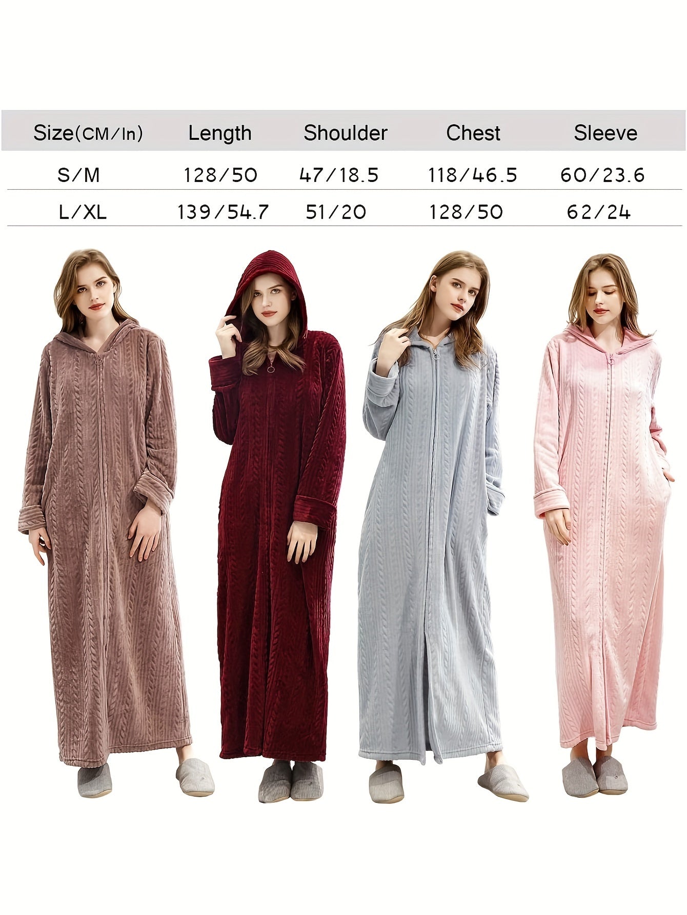 Long Flannel Fleece Hooded Zipper Bathrobe for Women - Winter Warm Housecoat Nightgown Sleepwear Pajamas