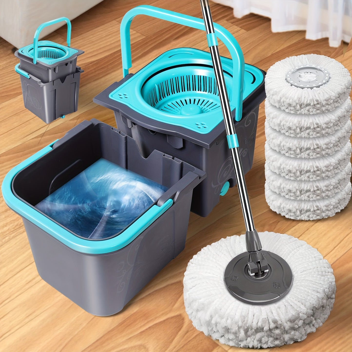 Mastertop Spin Mop and Bucket Set, Stackable Microfiber Floor Cleaning System, Wet & Dry Mop with 6 Replacement Refills for Hardwood, Laminate, Tile