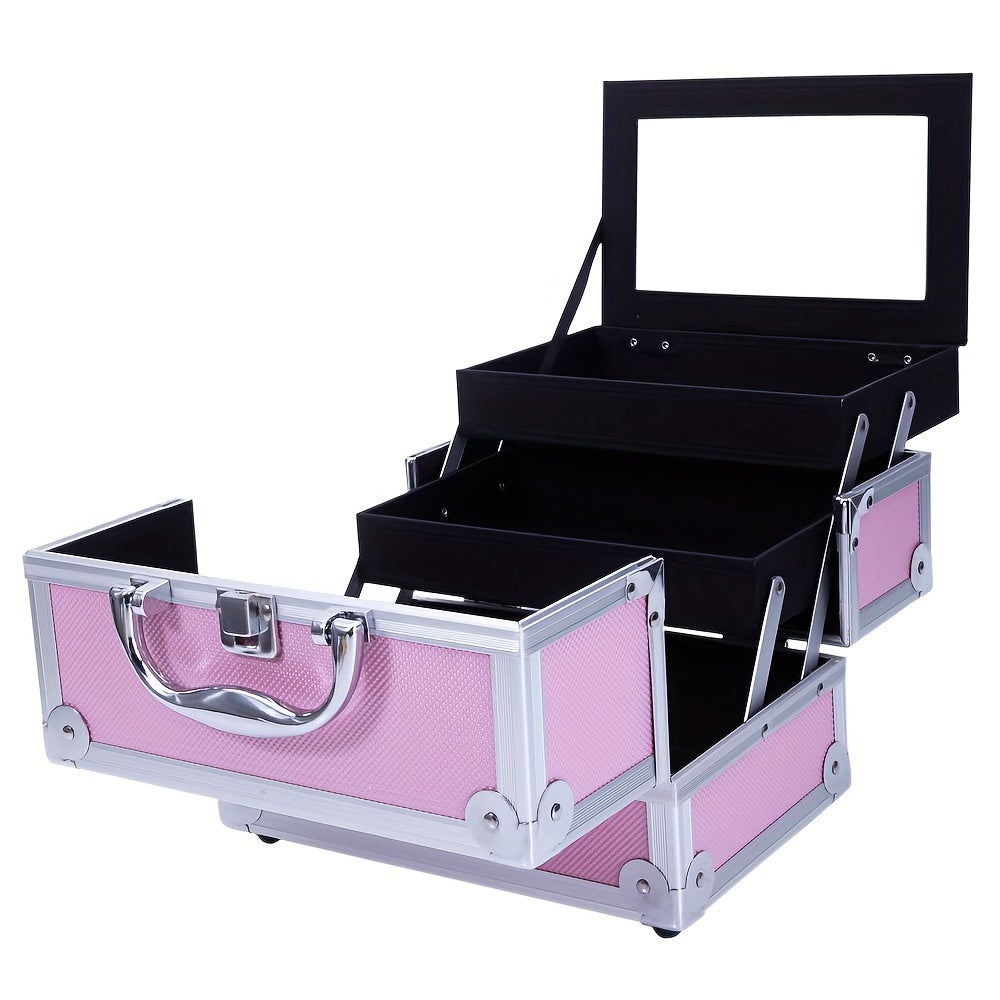 Portable Aluminum Makeup Train Case - Durable Cosmetic Organizer with Built-in Mirror, Multiple Trays, and Carry Handle - Ultra-Portable Jewelry Box for On-the-Go Use