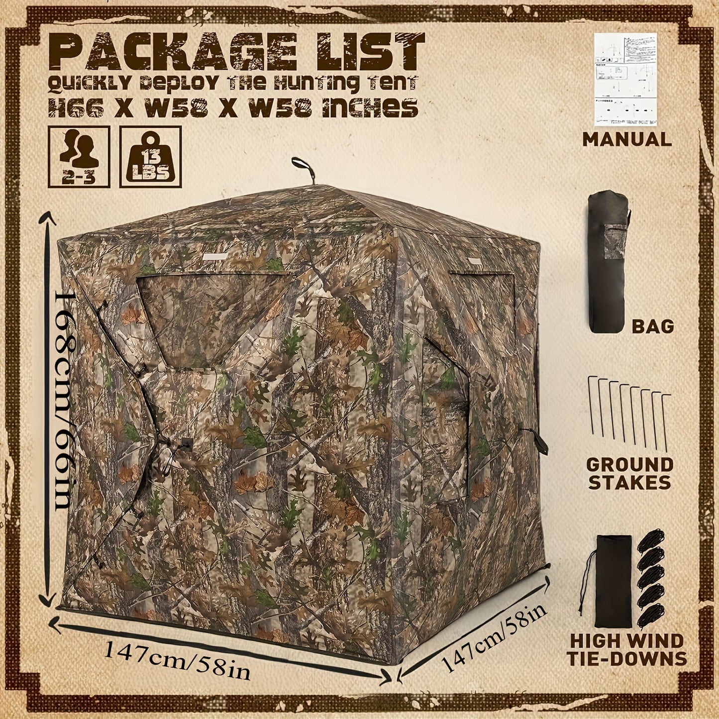 Hunting Blind, 2-3 Person Pop Up Blinds 360 Degree See Through Blind, Portable Durable Hunting Ground Blinds For Deer & Turkey Hunting