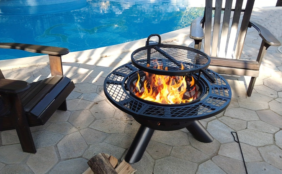 Large Round Wood Burning Fire Pit - Backyard BBQ Grill - Outdoor Gathering Centerpiece with Cooking Grate - Durable Black Finish - Perfect for Camping, Patio, or Garden