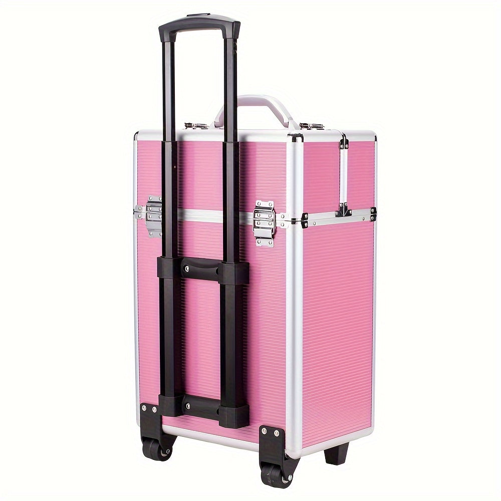 Stylish Pink Lockable Cosmetic Makeup Case with 4 Tiers & Extendable Trays - Spacious, Secure, and Chic