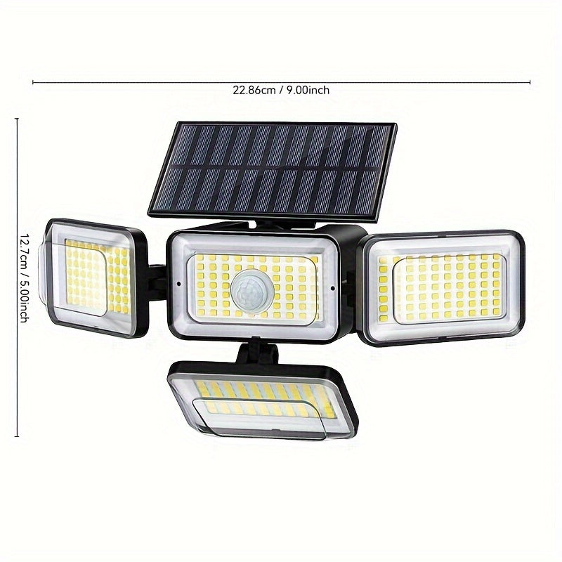 2Pcs Super Bright Extra Wide Solar Motion Sensor Outdoor Light, Floodlight, Security Light, Four Adjustment Modes, Four Light Heads, 270° Lighting Angle, Remote Control, For Yard, Garage, Porch