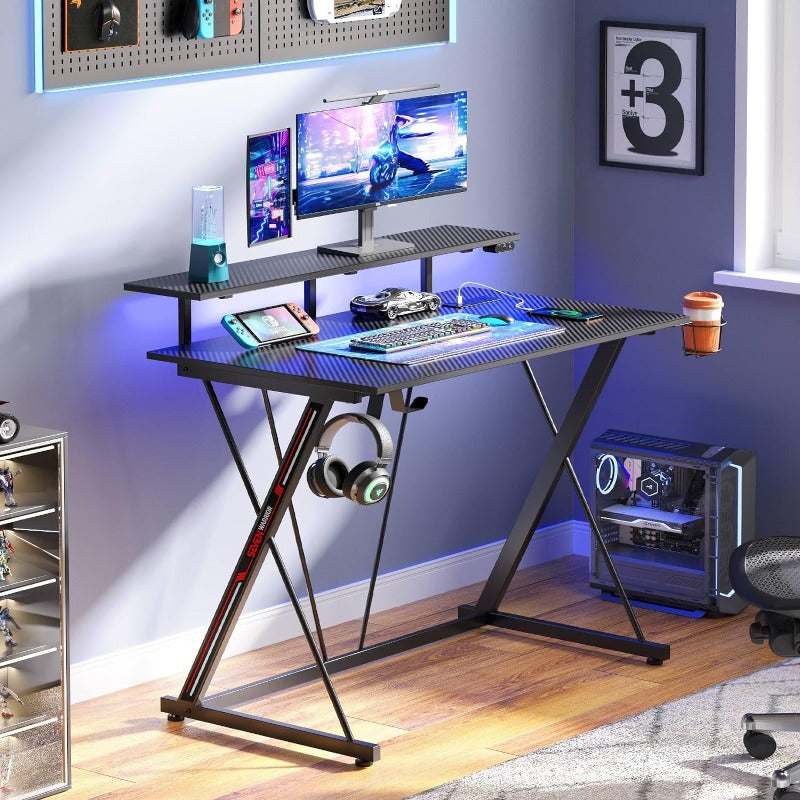 Gaming Desk with LED Lights & Power Outlets, 31.5/39.4/47/55in Computer Desk with Monitor Shelf, Home Office Desk with Cup Holder and Headphone Hook, Ergonomic