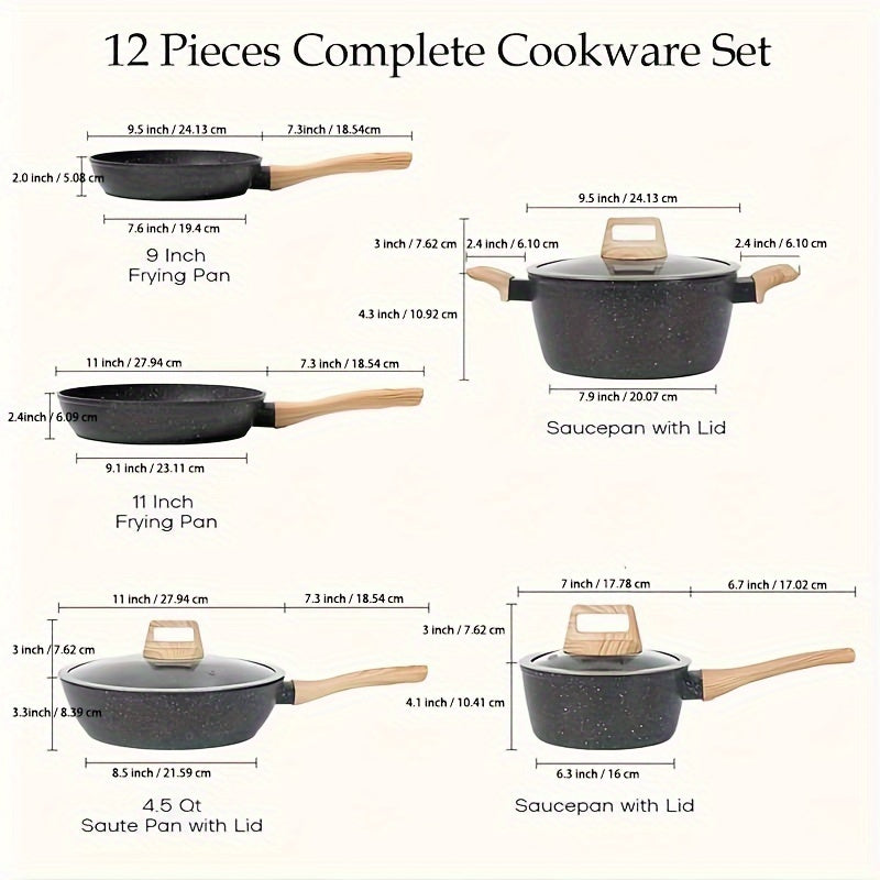 12 POTS and pans Set, Non-stick Cookware Set, Induction Cookware Non-stick Granite Cooking Set, including frying pan, pan, steamer, silicone spatula and tongs