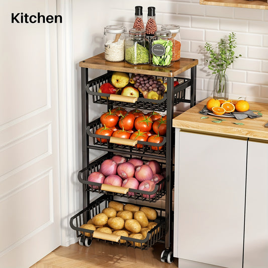 5-Tier Wood Top Kitchen Fruit Basket - Pull-Out Wire Shelves With Wheels For Easy Access To Fruits, Vegetables, And More (Black)