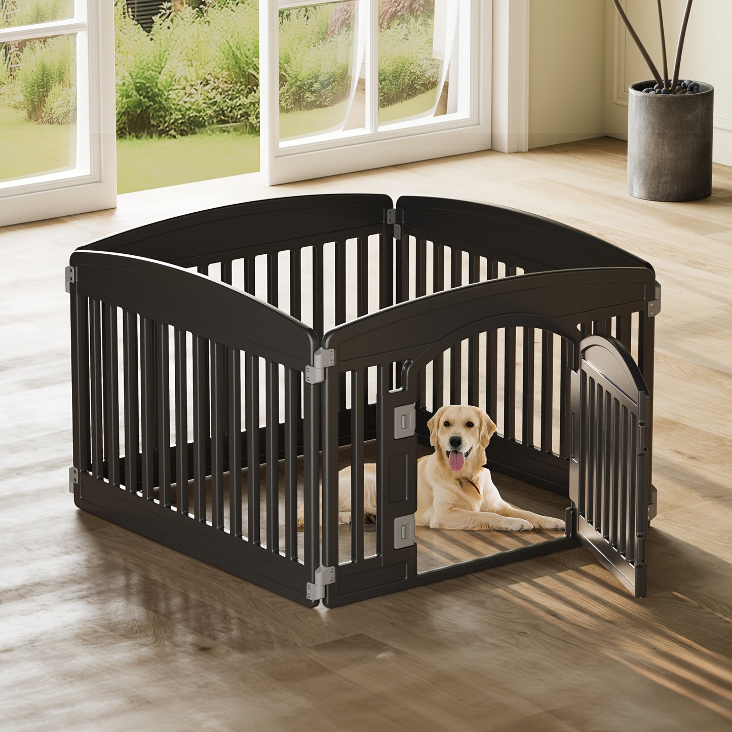 4/6-panel Plastic Pet Playpen With Lockable Door, 24 Inch High, Durable Puppy Playpen, Portable Indoor/Outdoor Dog Fence, Black/White