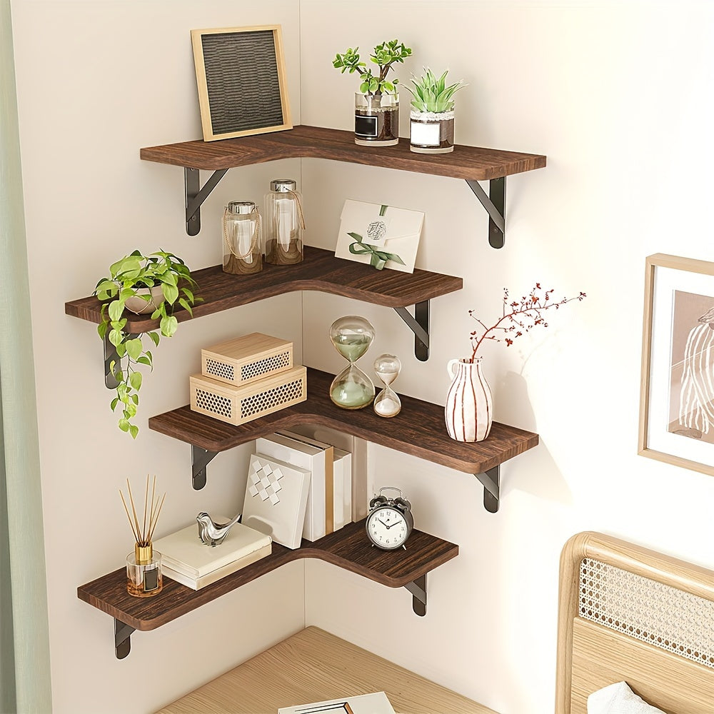 5pcs, Corner Floating Shelves, Rustic Wooden Wall Shelves For Bathroom, Kitchen, Bedroom Or Living Room, Convenient To Take, Sturdy And Reliable