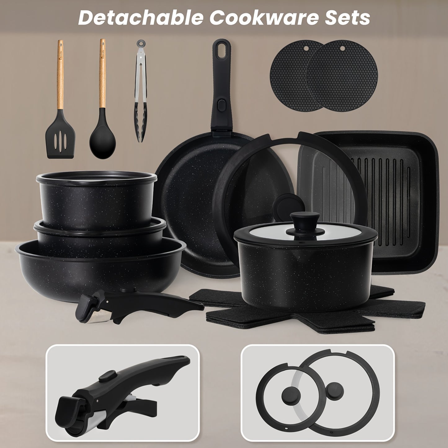 22pcs Deluxe Non-Stick Cookware Set with Removable Handles - Induction, Dishwasher & Oven Safe, Black - Ideal for Home Cooking & Meal Prep, Perfect Gift for Holidays, Non-stick Cookware, Induction Safe, Dishwasher Safe, Oven Safe