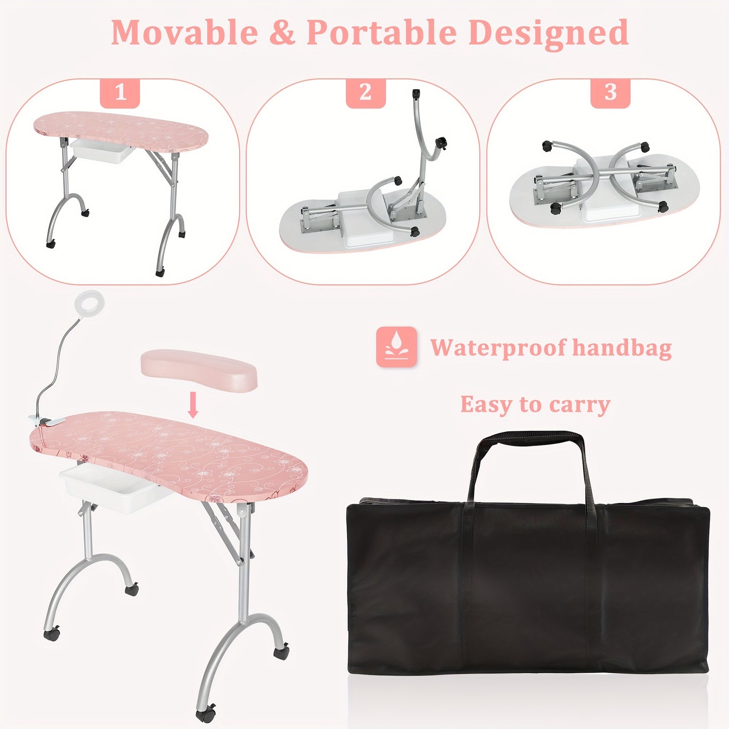 Professional Portable Manicure Station - Foldable Nail Table with Spacious Drawer, LED Lamp, 4 Lockable Wheels, Carry Bag, Wrist Cushion, and Ergonomic Design for Comfortable Nail Care