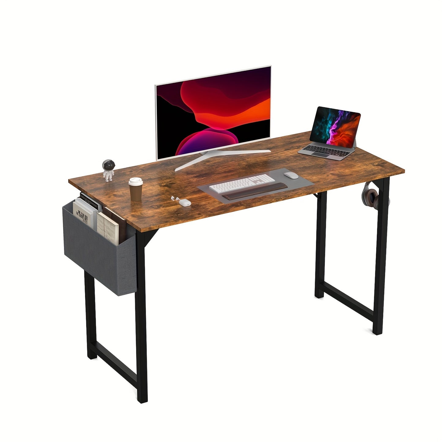 Computer Desk - Office 48 Inch Writing Work Student Study Modern Simple StyleWooden Table with Storage Bag & Iron Hook for Home Bedroom