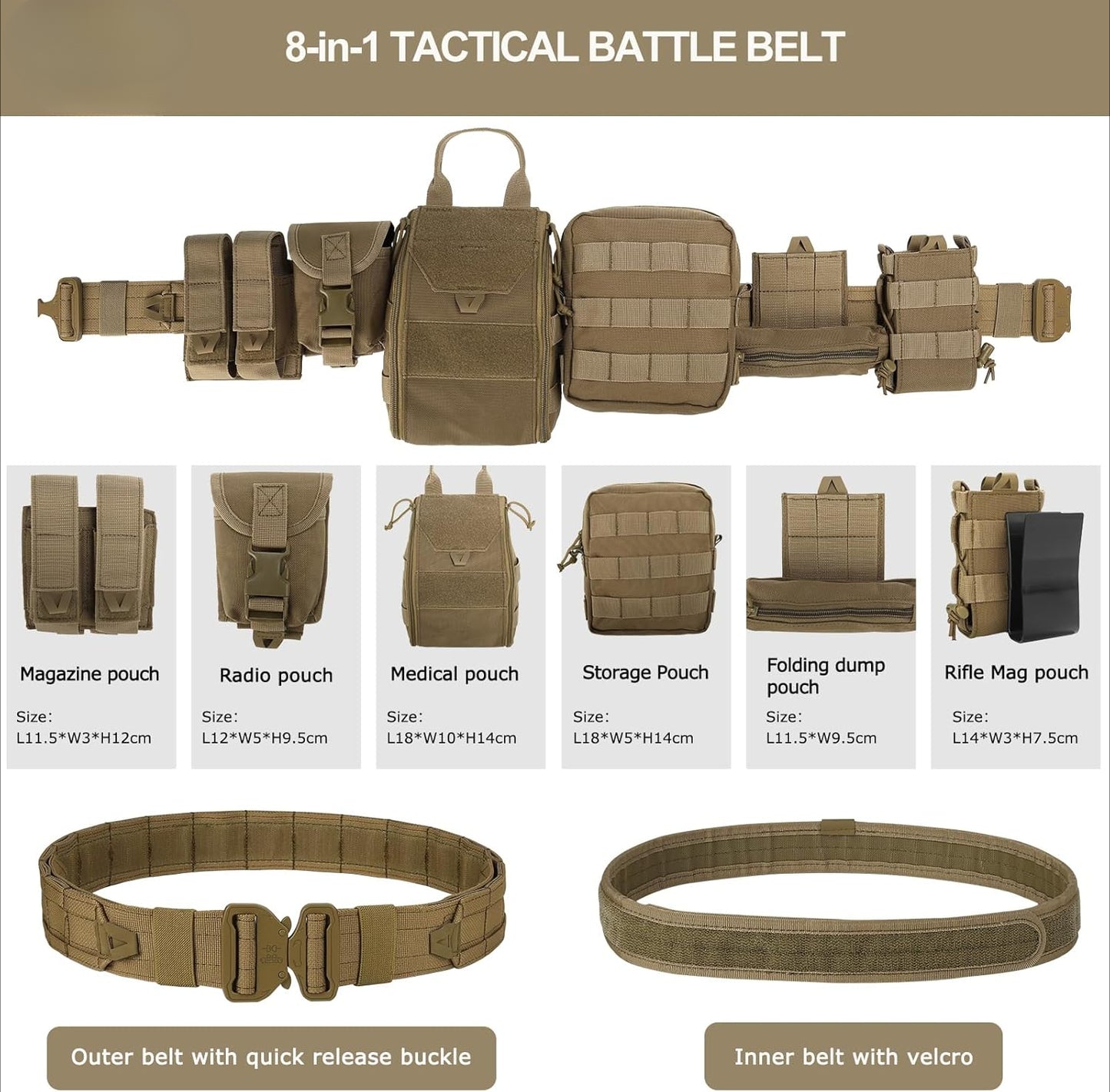 Molle Battle Belt with Accessories -Tactical Combat Belt Quick Release Rigger Airsoft Belt Heavy Duty Belts 8 pcs