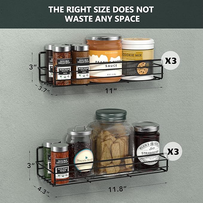 6 Pack Spice Rack Organizer for Cabinet Door Wall Mount, Hanging Black Spice Pantry Organization Storage Shelf, Farmhouse Kitchen Seasoning Organizer Cabinet Door