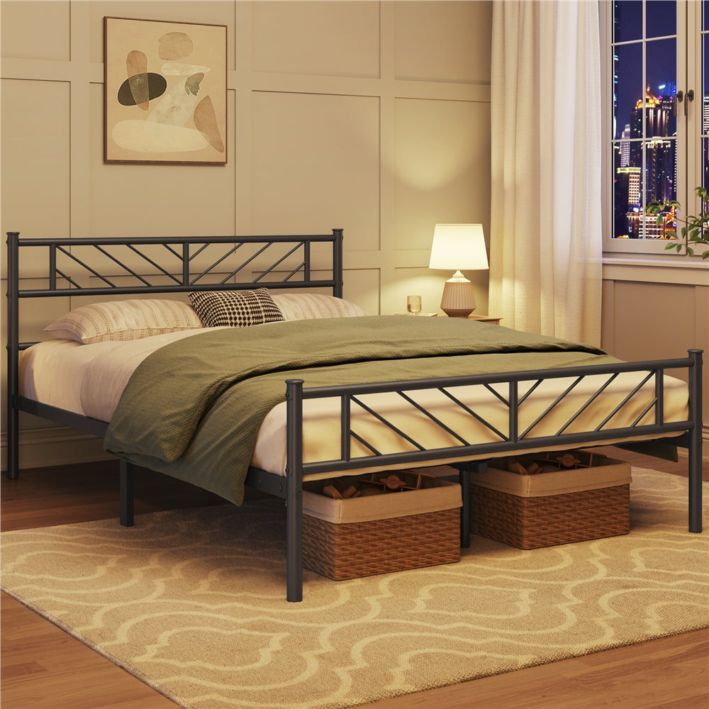 Platform Bed Frame with Arrow Design Headboard, and Storage Space No Box Spring Needed