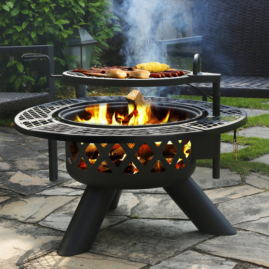 Large Round Wood Burning Fire Pit - Backyard BBQ Grill - Outdoor Gathering Centerpiece with Cooking Grate - Durable Black Finish - Perfect for Camping, Patio, or Garden