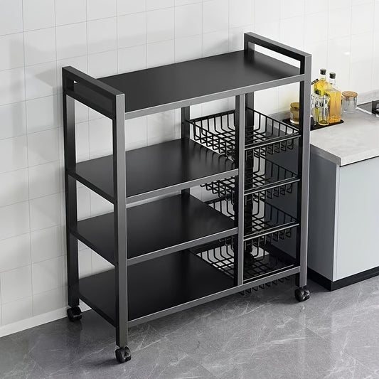 Mobile Kitchen Shelf, Multi-layer Metal Kitchen Storage Rack With Open Basket - Floor Standing, Suitable For Organizing And Storing Fruits And Vegetables, Kitchen Storage Room Storage Container, Black